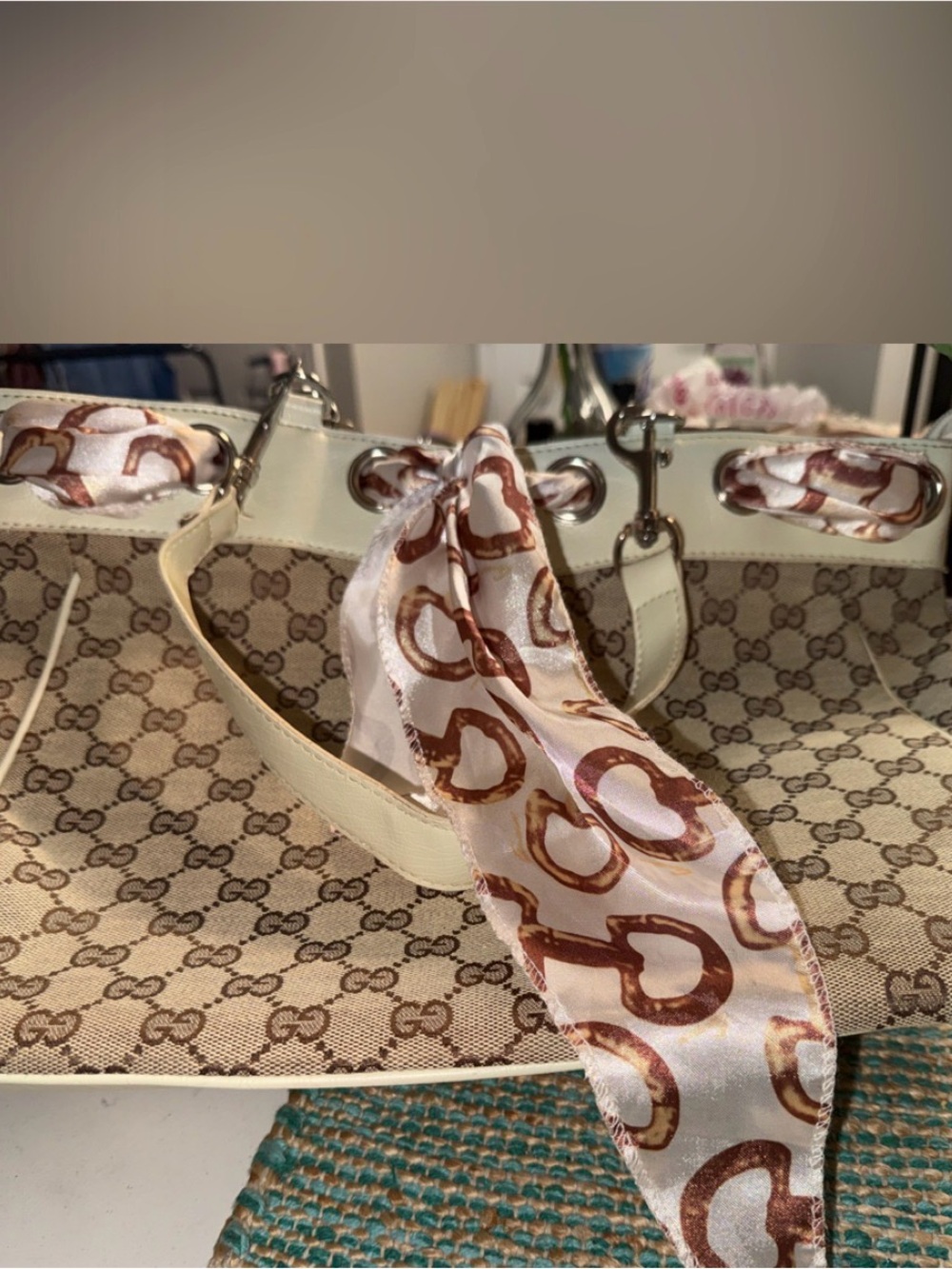Beige Monogram Canvas Tote with Cream Trim and Scarf Accent - Picture 2 of 9